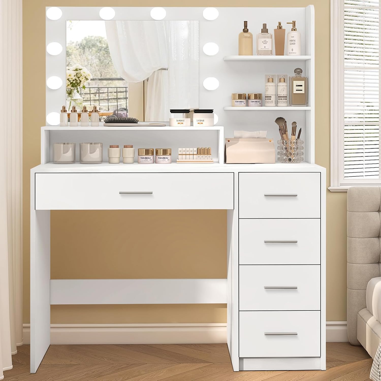Vanity Desk with Mirror and Lights, Makeup Vanity with 5 Drawers and 3 Storage Shelves, 3 Color Modes & Adjustable Brightness Dressing Table, Vanity Desk for Bedroom, White