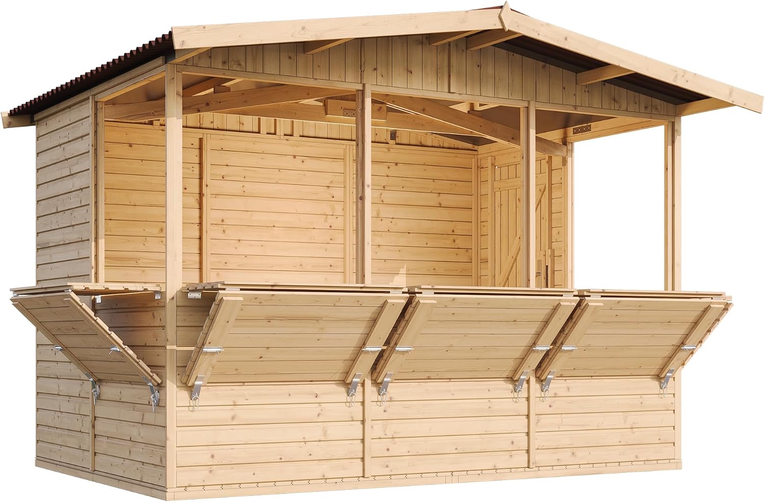 Wooden Market Stall, Wooden House Ideal as a Garden Bar or Retail Stand with Counter, FIVE WINDOWS, 263 x 336 cm, Quality Shiplap Pop-Up Kiosk for Outdoor Events TIMBELA M150B