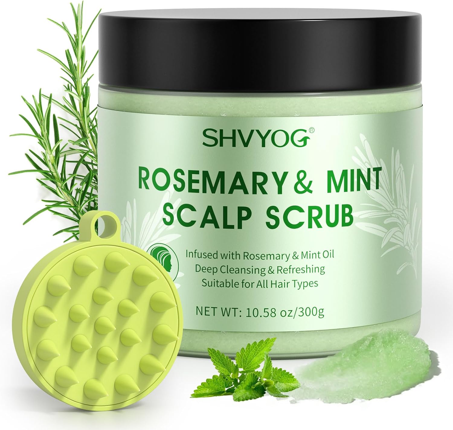 Scalp Scrub, SHVYOG Rosemary Scalp Exfoliator, Promote Hair Growth, for Dandruff Prone Oily Hair & Dry, Itchy Scalp, Hair Treatment Nourishing Detox Hair Care with Scalp Massager 10.58oz /300g