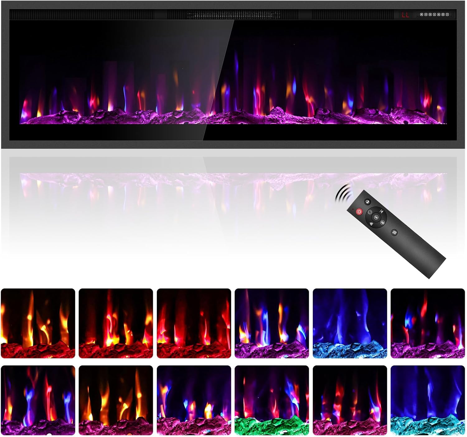 50" Electric Fireplace Heater, Wall Mount/Recessed, 1500W & 750W Modes, 7 Flame & 12 Ember Colors, Remote & Touchscreen Control, 8H Timer, 40dB Ultra-Quiet, Cool-Touch Glass, UKCA/CE Certified