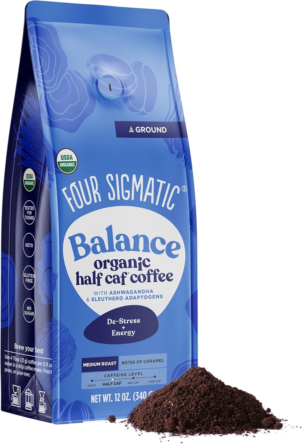 Four Sigmatic Adaptogen Ground Coffee, Organic Medium Roast Ground Coffee with Ashwagandha, Chaga & Tulsi, Immune Support & Stress Relief, Keto, 12 Oz