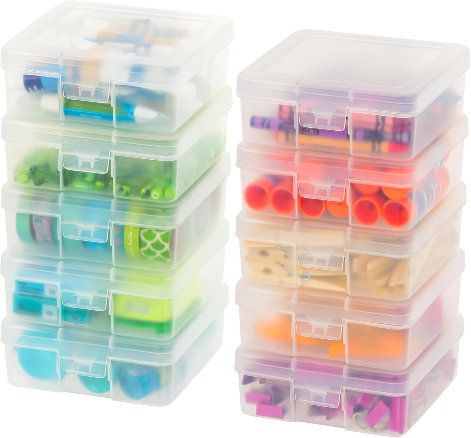 IRIS USA Plastic Pencil Case Box Craft Hobby Art School Supply Storage Organizer Container with Latching Lid, 10-Pack, for Bead Pens Ribbons Wahi Tape Sticker Yarn Ornaments, Stackable, Clear, Small