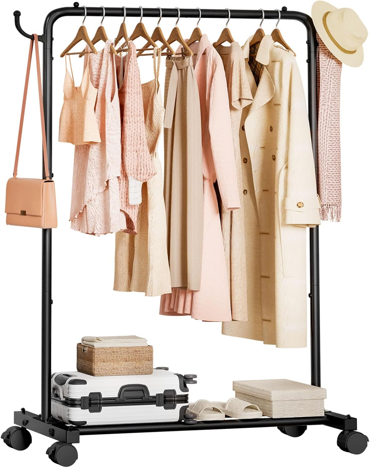 Homde Heavy Duty Clothes Rack: 120lb Standing Garment Storage for Indoor - Rolling Hanging Rod for Bedroom Laundry Room - Coat Dress Organizer on Wheels with luggage shelf (Black, 32")