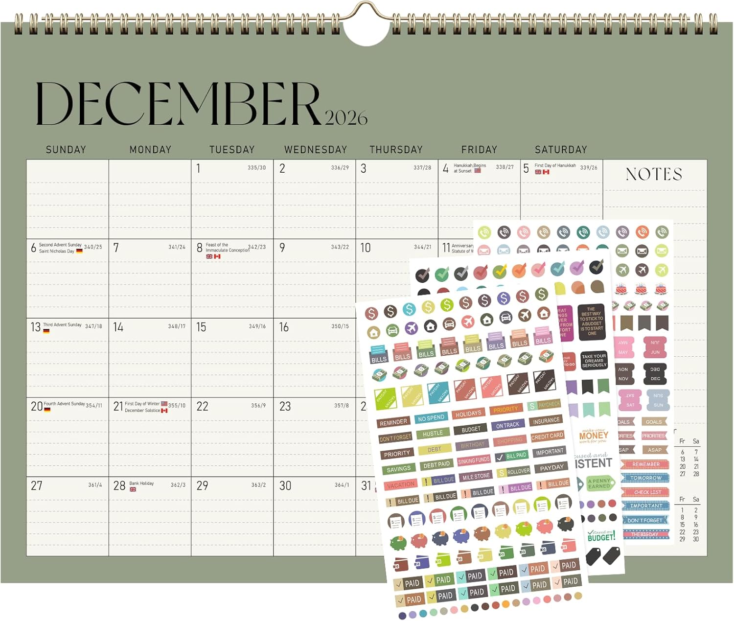 2025-2026 Wall Calendar, Monthly Wall Calendar from July 2025 to December 2026, 11.5" x 14.5", With Spiral Binding and Thick Paper, Perfect for School Office or Home, Green