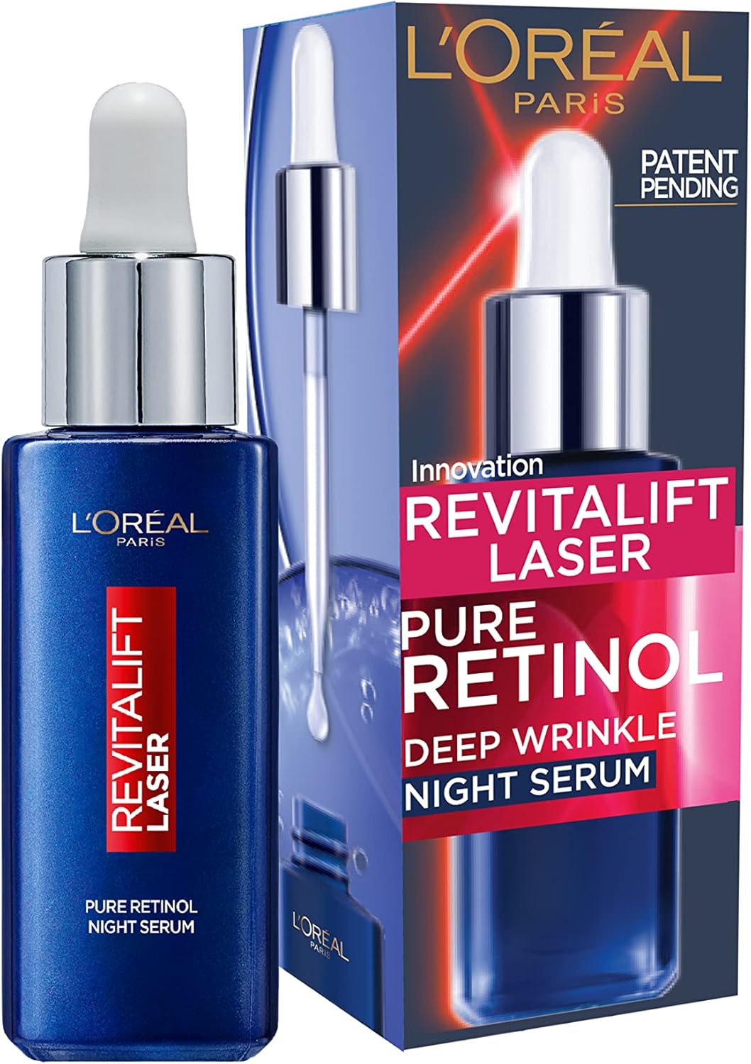 L'Oreal Paris Pure Retinol Serum, Revitalift Laser Deep Anti-Wrinkle Retinol Night Serum For Face [Revitalift Laser Retinol Serum 30ml + x3 Hydra Genius Moisturiser Sachets 3ml]