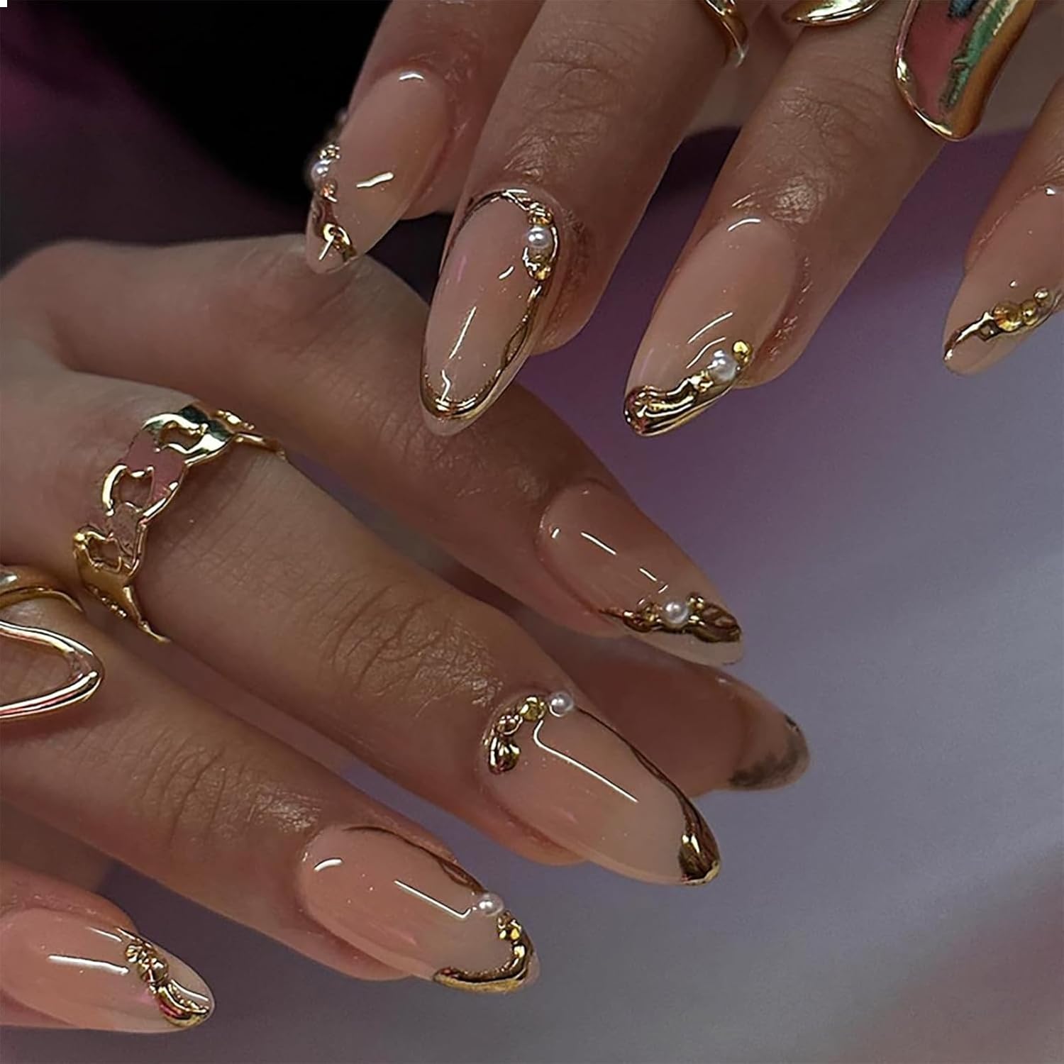 GlamRays Pack of 24 French Tip Press On Nails Medium Almond False Nails with Pearls Jewel Design Gold French Line False Nails Full Size Glue Nail Shiny