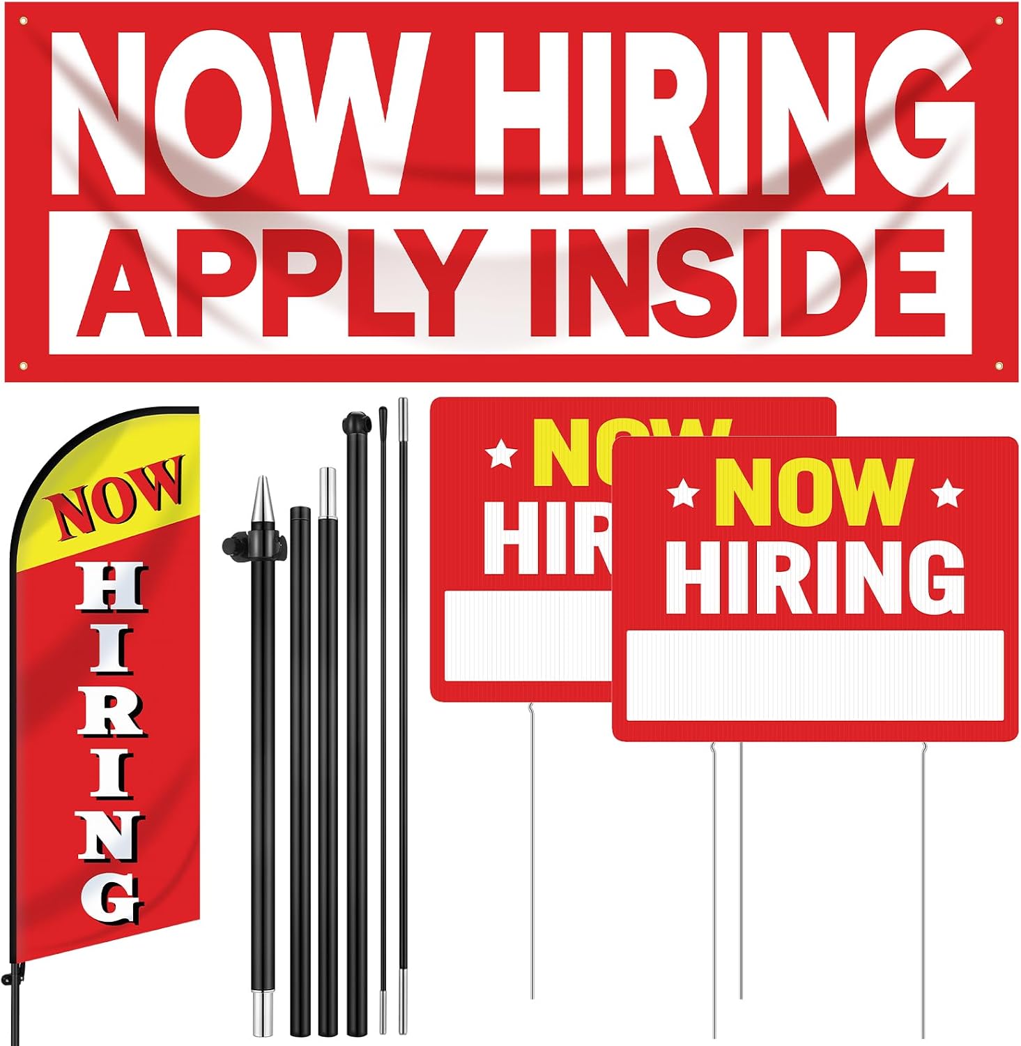4 Pcs Feather Flag Set Include 2 Now Hiring Sign with Stake, 7 ft Now Hiring Feather Advertising Flag, Banner with Rope for Business Promotion