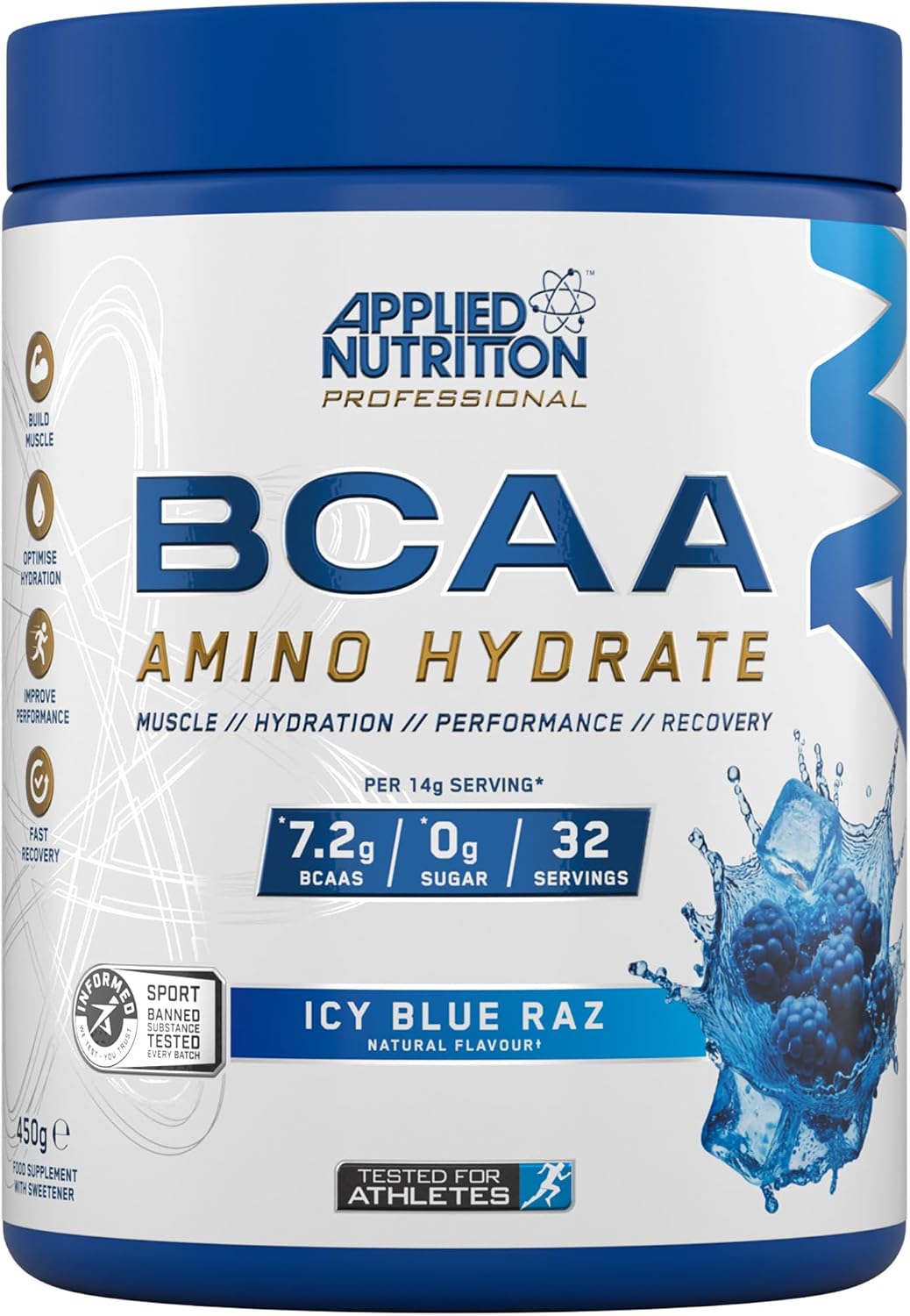Applied Nutrition BCAA Powder - Branched Chain Amino Acids BCAAs Supplement, Amino Hydrate Intra Workout & Recovery Energy Drink (450g - 32 Servings) (ICY Blue Raz)