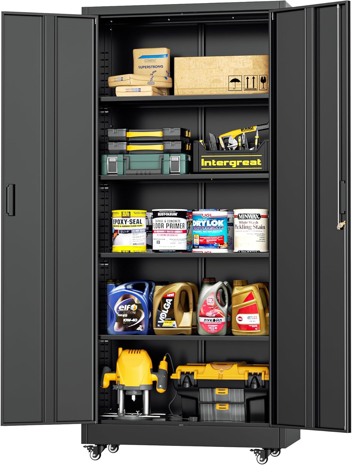 INTERGREAT Metal Storage Cabinet with Wheels, 73" Garage Storage Cabinet with Door and 4 Shelves, Tool Cabinet on Caster for Home, Office, Black