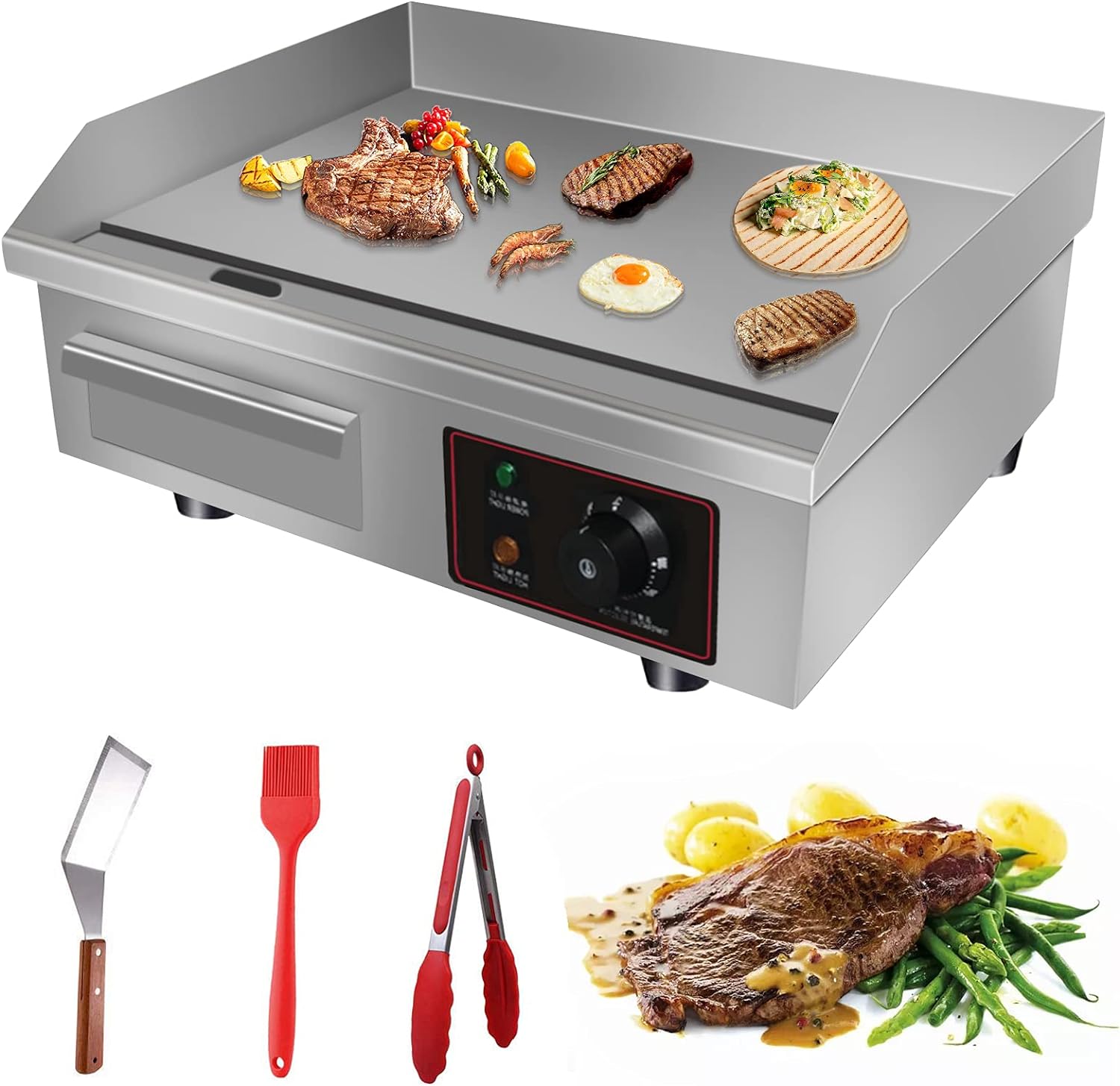 Aliyaduo 110V 3000W 22" Commercial Electric Countertop Griddle Flat Top Grill Hot Plate BBQ,Adjustable Thermostatic Control,Stainless Steel Restaurant Grill for Kitchen