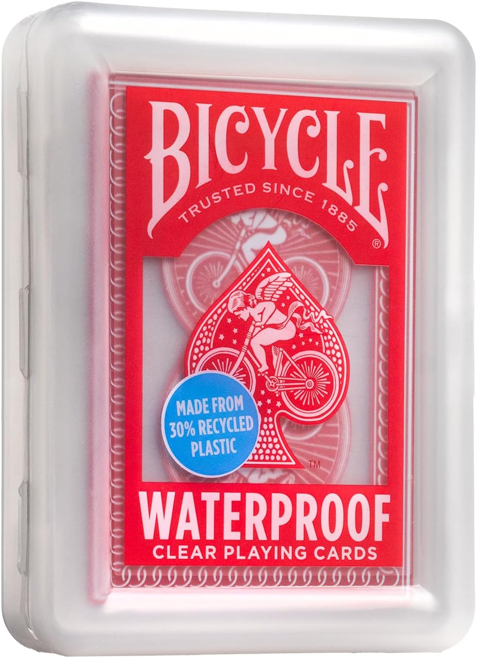 Bicycle Waterproof Red Playing Cards, Clear Plastic Playing Cards, Made from 30% Recycled Plastic, Perfect for Pool Games, Beach Trip, or Party Games | 100% waterproof and washable, Modern Cupid Back design, Protective clamshell case included, Durable yet flexible