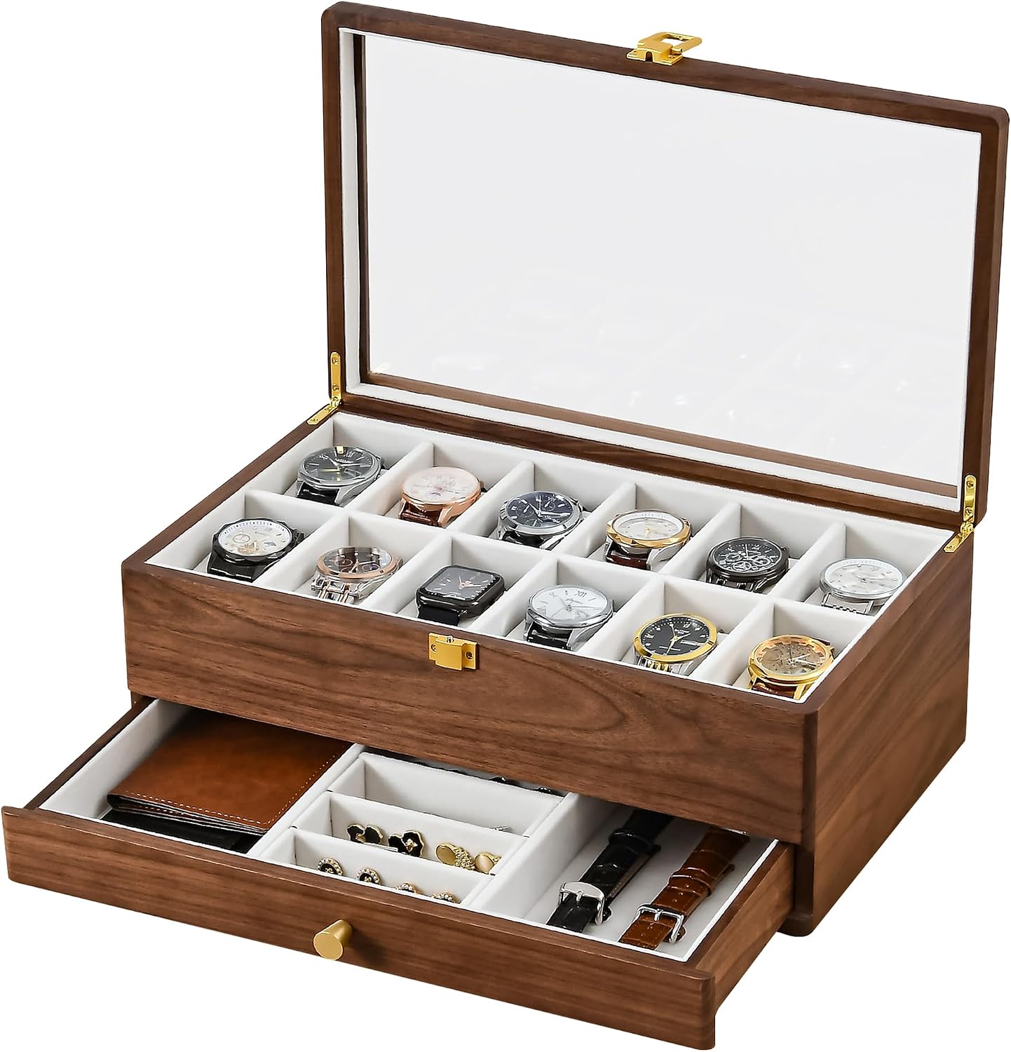 Black Walnut Watch Box for Men, 12 Slot Wooden Display Cases with Drawer