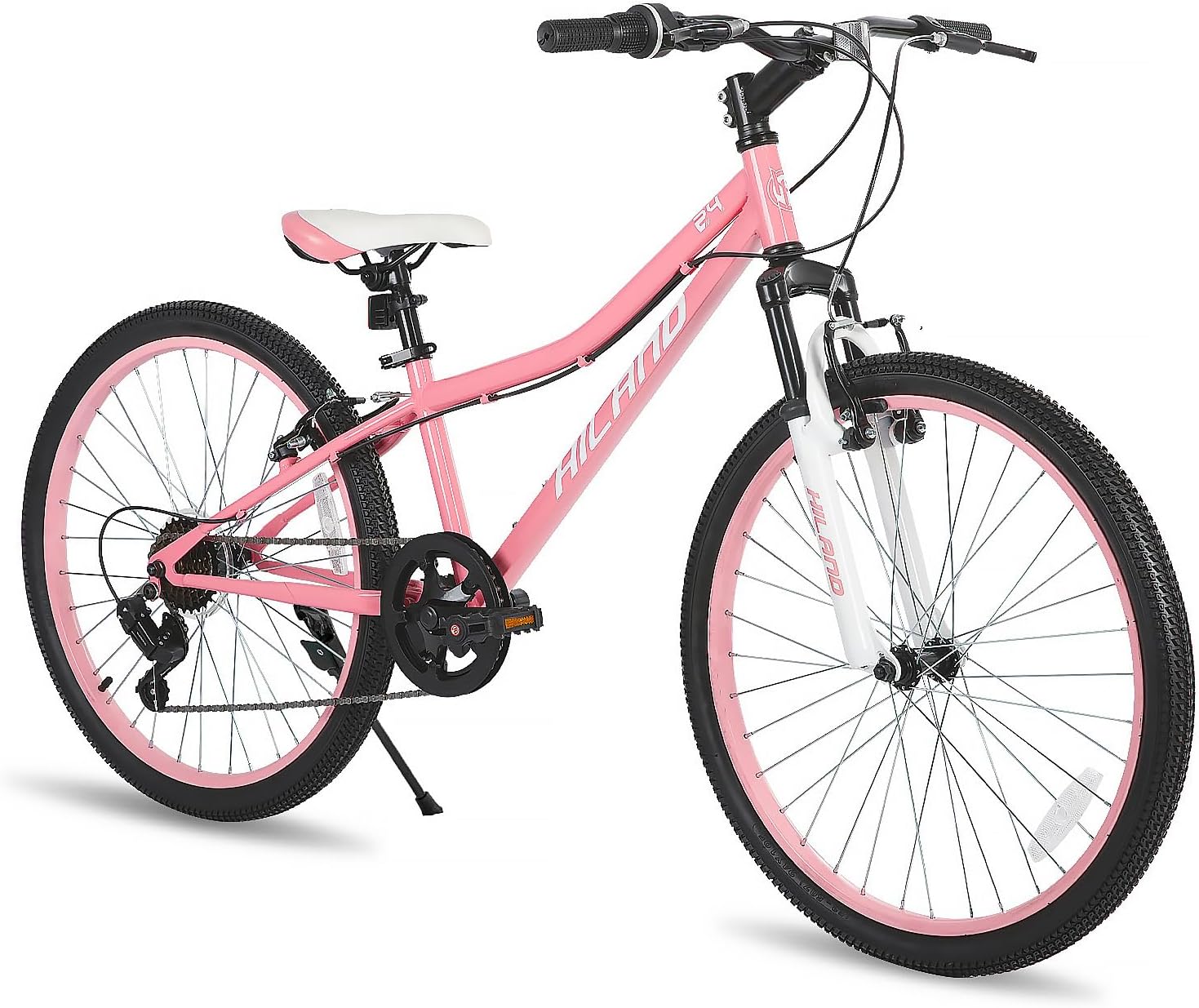 Hiland 24 Inch Kids Mountain Bike, 7 Speed Youth MTB Bike, Kids Boys Girls Mountain Bicycle with Suspension Fork V-brakes, Black/Blue/Mint Green/Pink