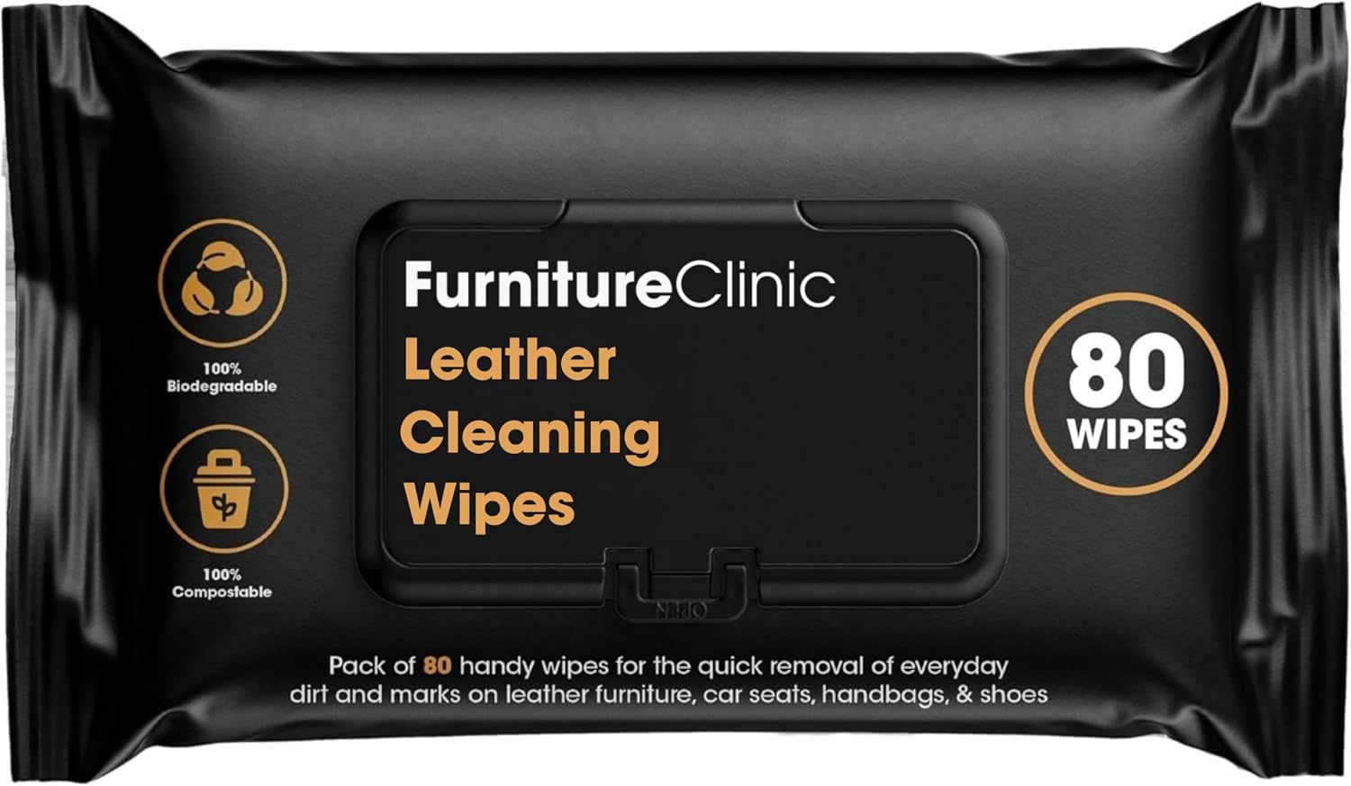 Furniture Clinic Leather Wipes for Cleaning Leather & Vinyl Upholstery, Sofa, Handbags, Car Interior, Seat & Dashboard - Furniture & Jacket Cleaner - Residue & Streak Free Wipe - 80 Wipes