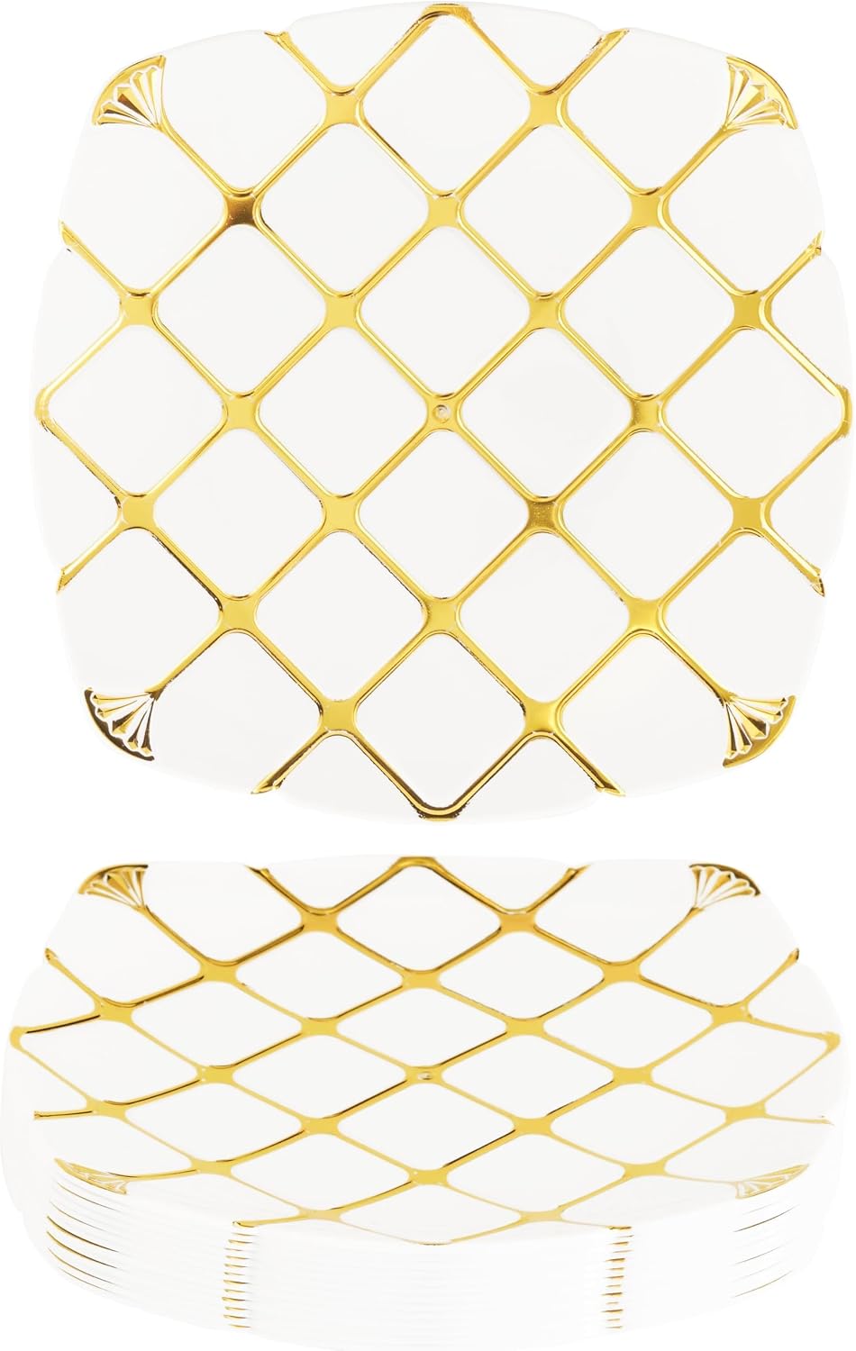 MATANA 20 Square White Plastic Dinner Plates with Gold Pattern, 25cm - Elegant, Sturdy & Reusable - Weddings, Birthdays, Christmas, Parties
