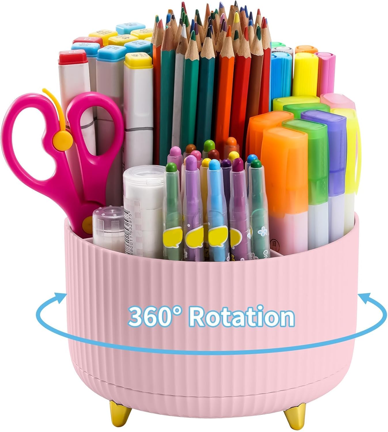 Marbrasse Desk Organiser,360-Degree Rotating Pen Holder for Desk Accessories with 5 Compartments Pencil Organiser, Pen Storage Box Caddy for Office,Home(Pink)