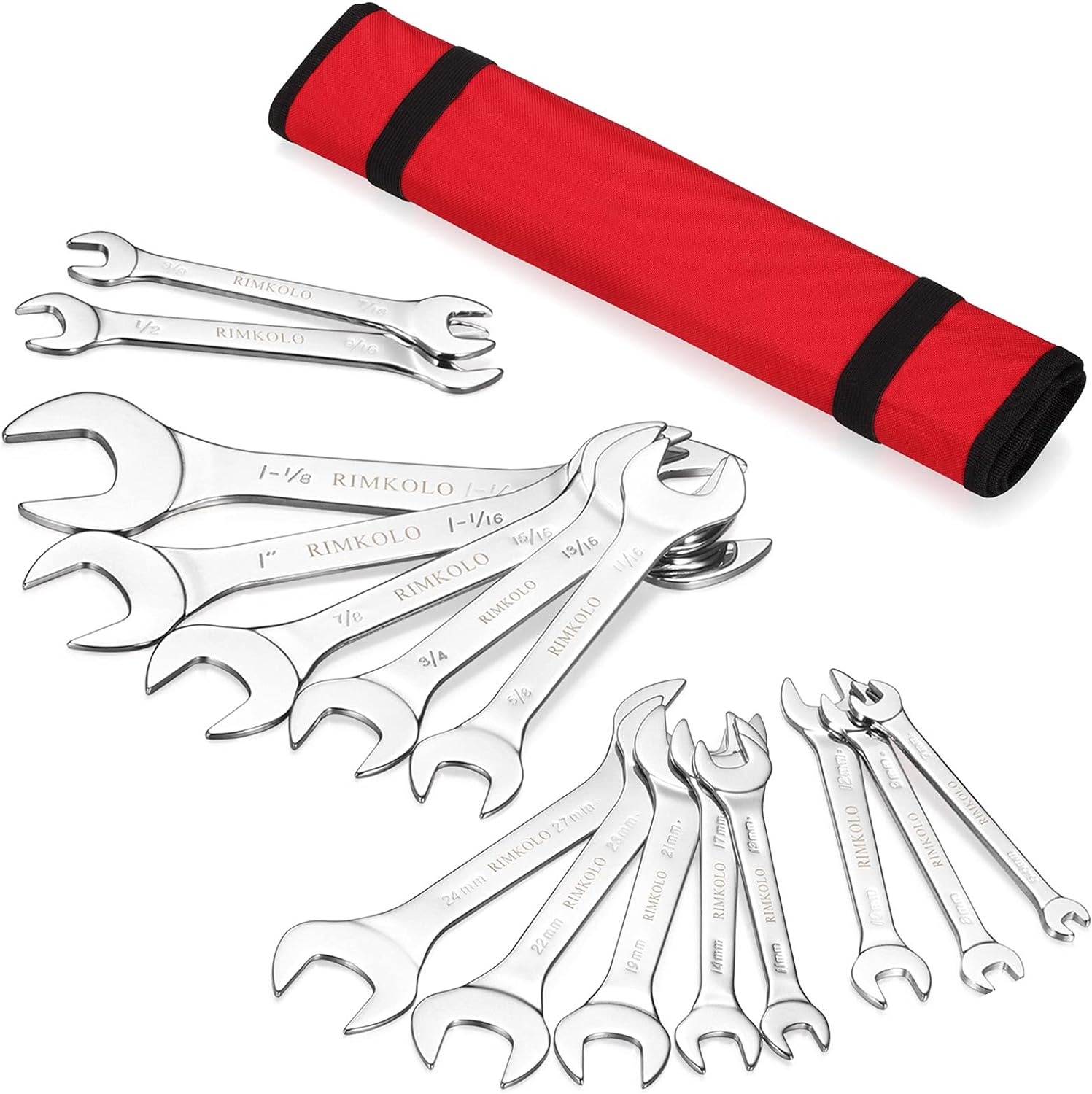 Super-Thin Open End Wrench Set, 16-Piece SAE & Metric 3/8" to 1-1/4" and 5.5mm to 27mm Chrome Vanadium Steel Wrench Set with Rolling Pouch