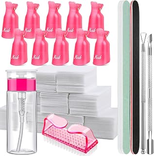 FANDAMEI Nail Polish Gel Remover Tools Kit with Nail Clips, 100ml Nail Polish Remover Bottle, 500 Nail Remover Cotton Pad, Nail Brush, Cuticle Pusher/Peeler, 100/180 Nail File,Buffer Block