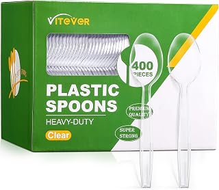 [400 Count] Heavy Duty Plastic Spoons, Premium Disposable Spoons, Durable Plastic Cutlery for for Parties, Picnics, Big Event, Daily Use - Heat Resistant & BPA Free - Clear