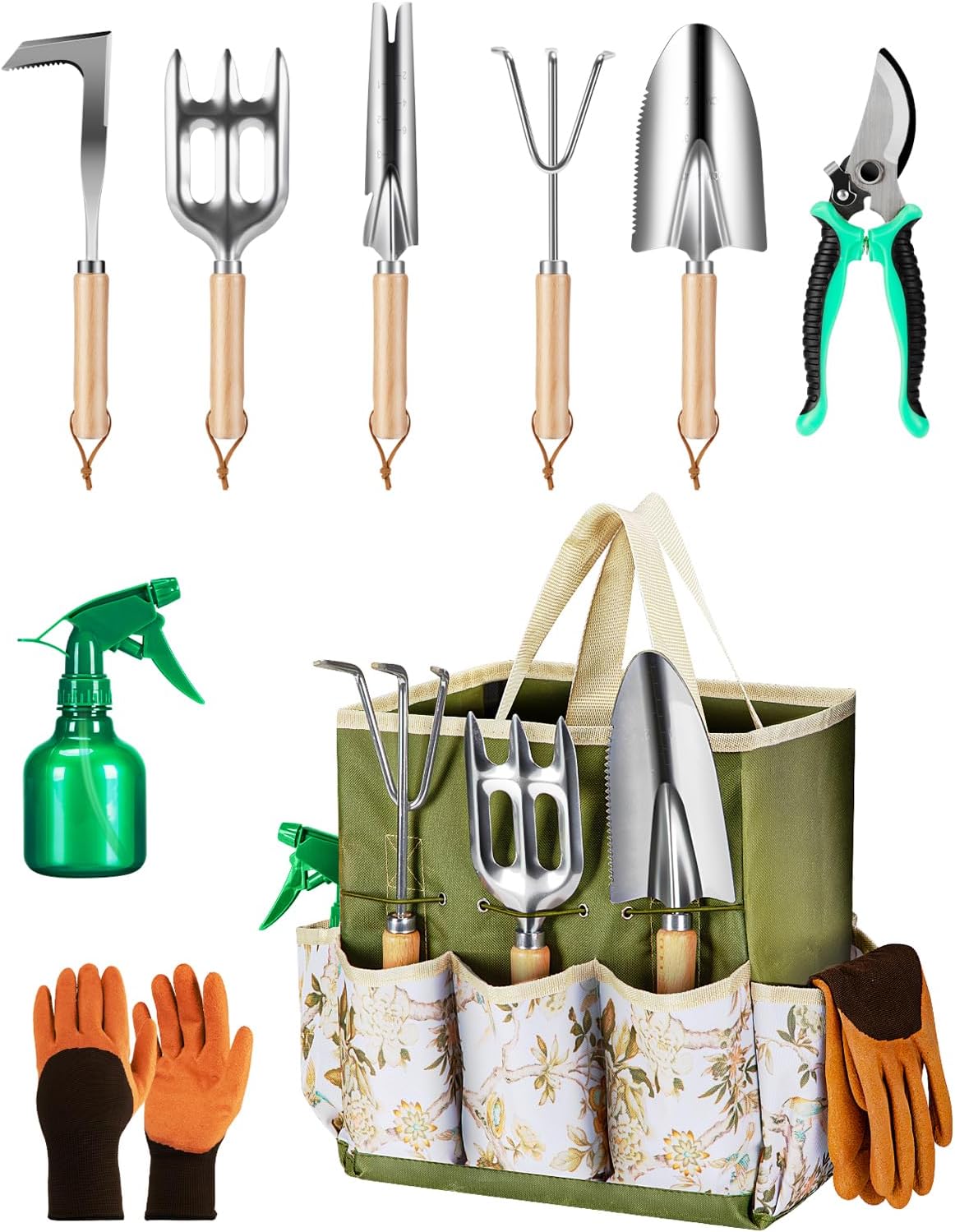 9-Piece Premium Gardening Tool Set for Women - Heavy Duty Stainless Steel Rust-Proof Tools with Fashion Storage Tote | Perfect Gardening Gifts for Mom, Mother's Day, Birthday & Outdoor (Green)