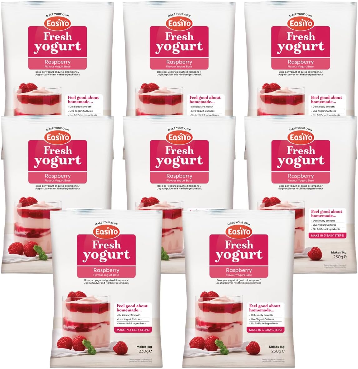 EasiYo Yogurt Raspberry, 8 Pack | Each Bag Makes 1 kg Yoghurt