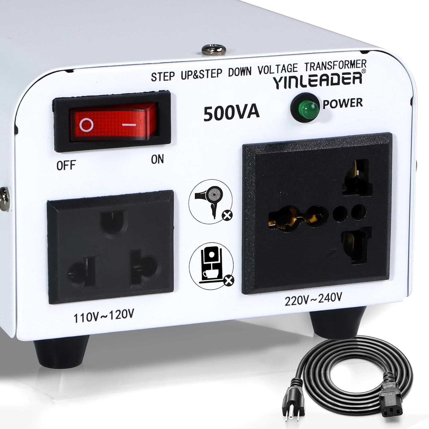 Yinleader White 500W 110V to 220V Voltage Converter Transformer Step Up/Down 110-120V/220-240V w/US Power Cord