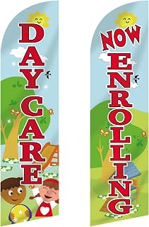 2 Pcs Now Enrolling Day Care Feather Flag 3 ft x 11.5 ft Heavy Duty Daycare Swooper Flag Weatherproof Polyester Now Open Banner Marketing Sign for Schools Child Care Business Advertising