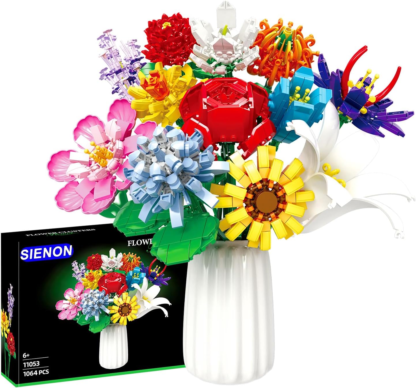 SIENON Flower Bouquet Building Blocks Set-1064PCS, 12 Kinds of Flowers Botanical Collection, Assorted Flowers Brick Toys Creative Project for Home Room Decoration Valentines’ Day Christmas Birthday