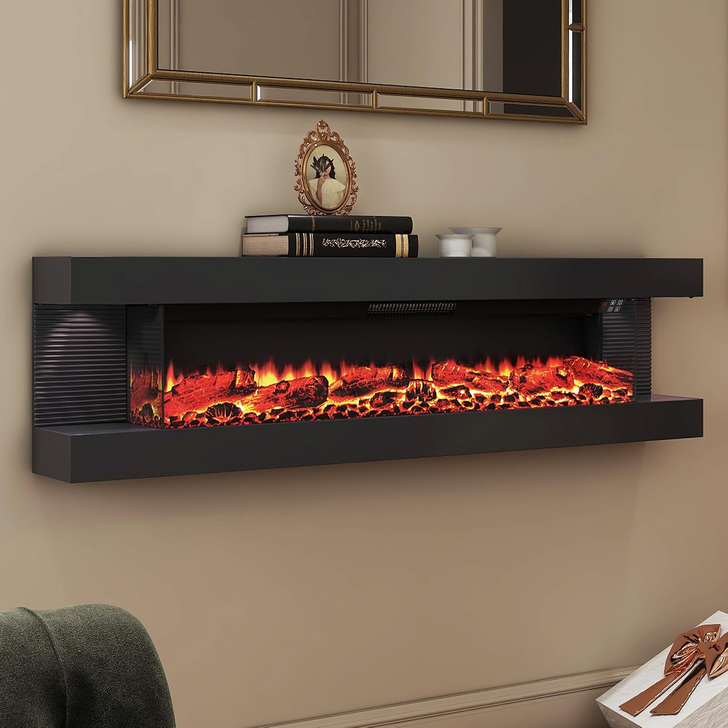 3 Sided Wall Mount Electric Fireplace, 60" Floating Fireplace with LED Side Lights, Remote Control, Multicolor Flame, Timer, Log & Crystal, 700W/1500W Hanging Fireplace Heater, Black
