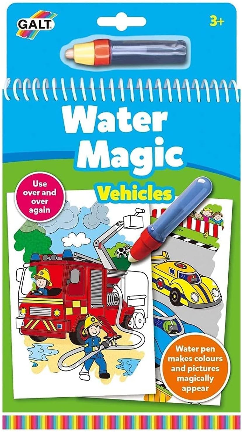 Galt Water Magic, Vehicles - Vehicle Themed Mess Free Childrens Colouring Books, Reusable Pictures for Kids to Colour - Magically Reveal Hidden Pictures with Water Pen - Ages 3 Years Plus