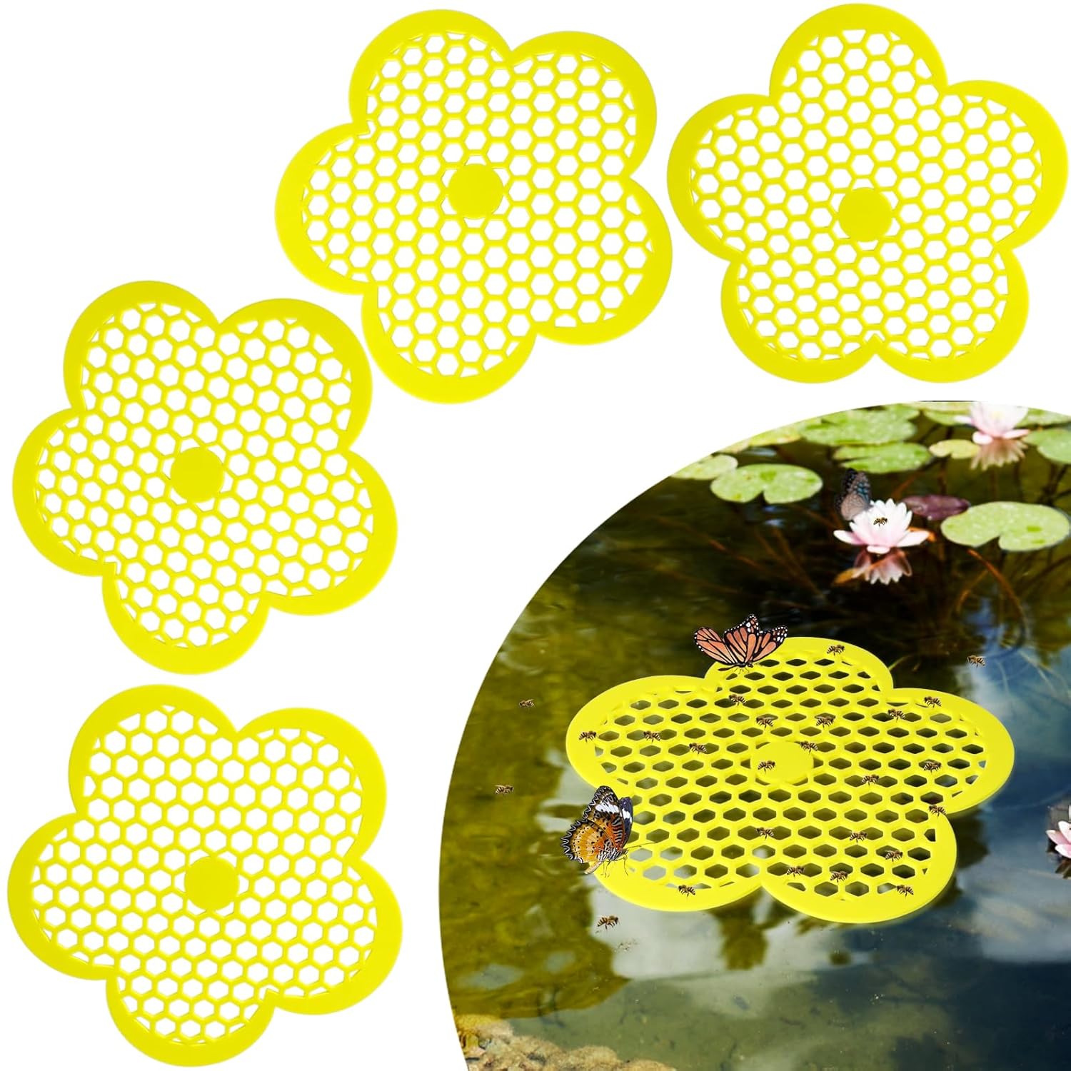 4 Pack Floating Bee Island 8.66 Inch Bee Water Station Pollinator Watering Station for Bee Cups, Bee Bath, Outdoor Garden Decor
