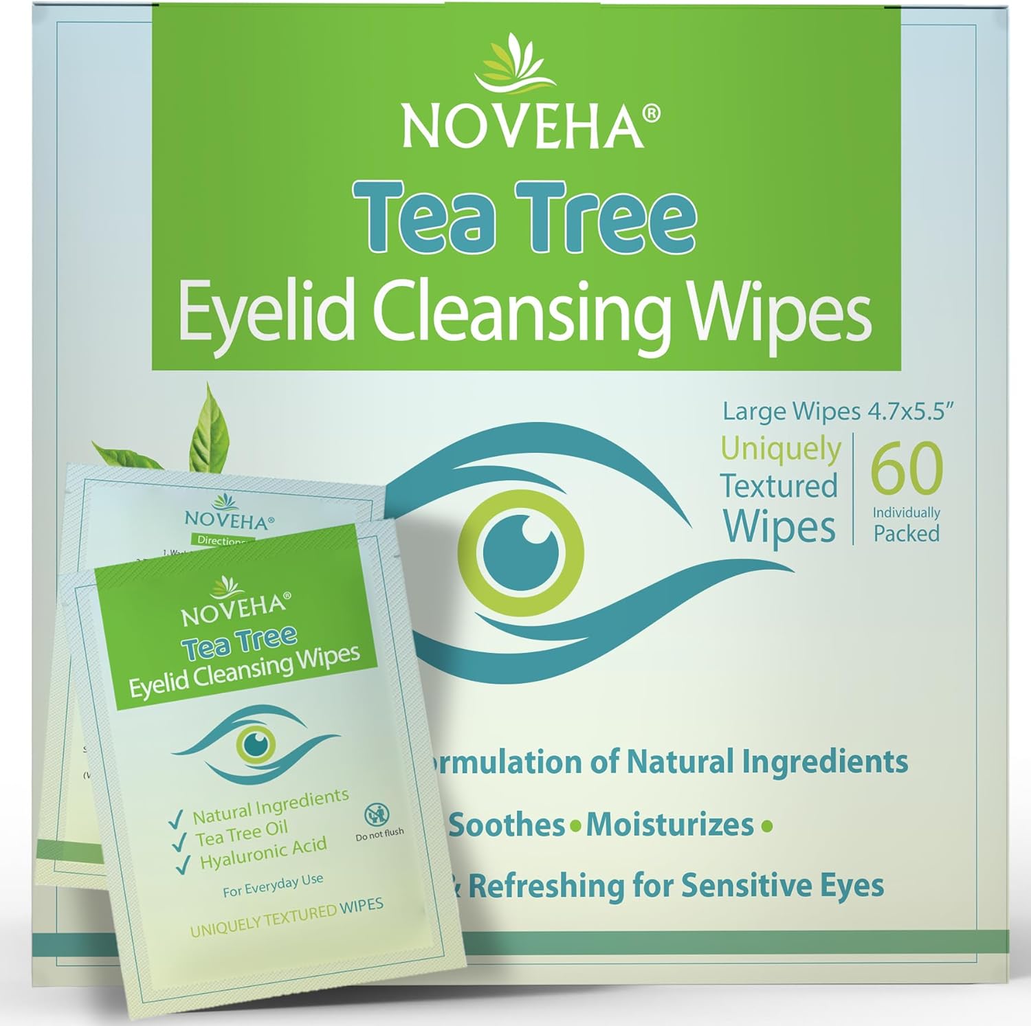 Tea Tree Oil Eyelid & Lash Wipes | With Hyaluronic Acid, Green Tea & Chamomile For Blepharitis & Itchy Eyes, Box Of 60 Individually Wrapped Eyelash Wipes, Natural Makeup Remover & Daily Cleanser