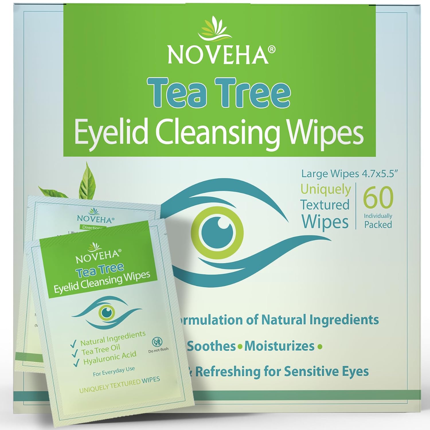 NOVEHA 60PCs Tea Tree Oil Eyelid & Lash Wipes | With Hyaluronic Acid, Green Tea & Chamomile, Individually Wrapped, Natural Eyelash Makeup Remover & Daily Cleanser