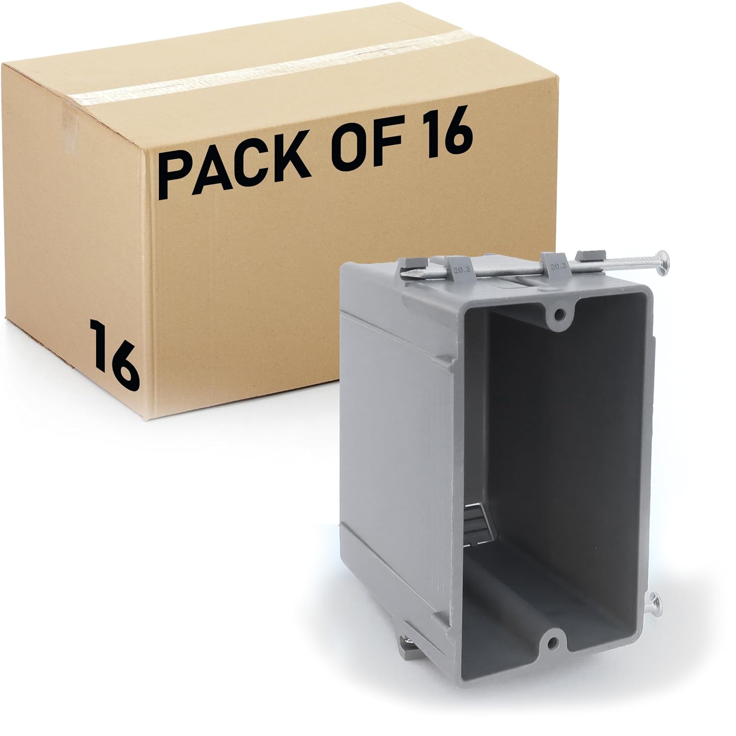 (Pack of 16) Plastic Electrical Box, Grey Outlet Box, Single Gang New Work Junction Box, Captive Nails, 20 cu. Inches, Length 3-5/8'', Width 2-1/8'', Depth 3-1/4''