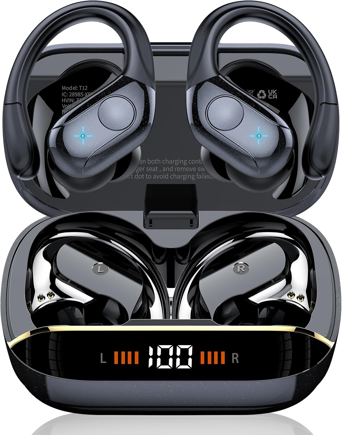 Wireless Earbuds Bluetooth 5.4 Headphones 75H Stereo Deep Bass Sports Over Ear Buds with Earhooks, LED Display Bluetooth Earbuds with 4 ENC Mic, IP7 Waterproof Earphone for Running, Black