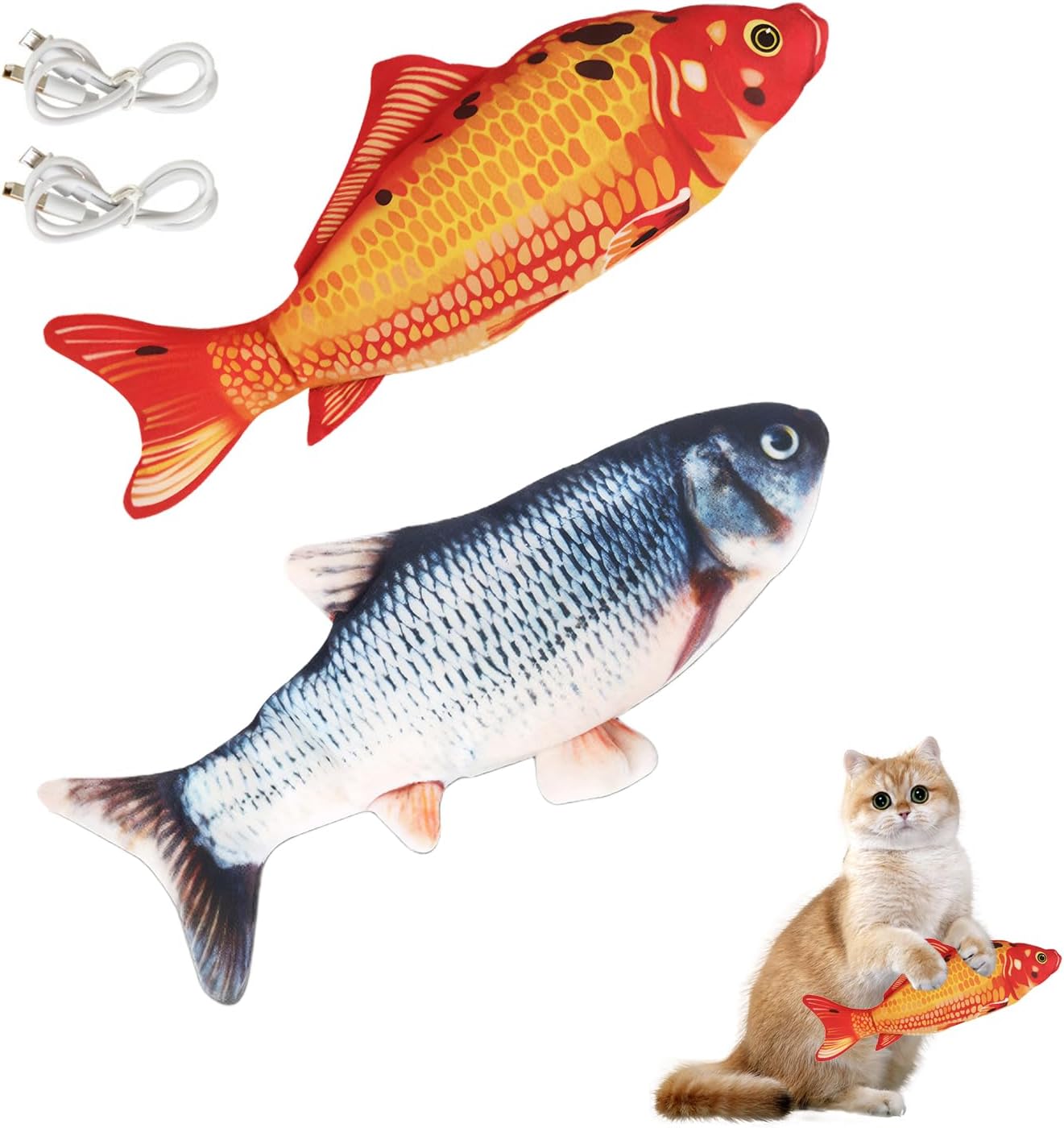 Telidif Floppy Fish Cat Toy, 2 Piece Realistic Plush Interactive Moving Fish Toy, 11" Catnip Cat Toy for Biting, Chewing, Kicking, Washable, Perfect for Indoor Cats and Pets (Grass Carp + Red Carp)