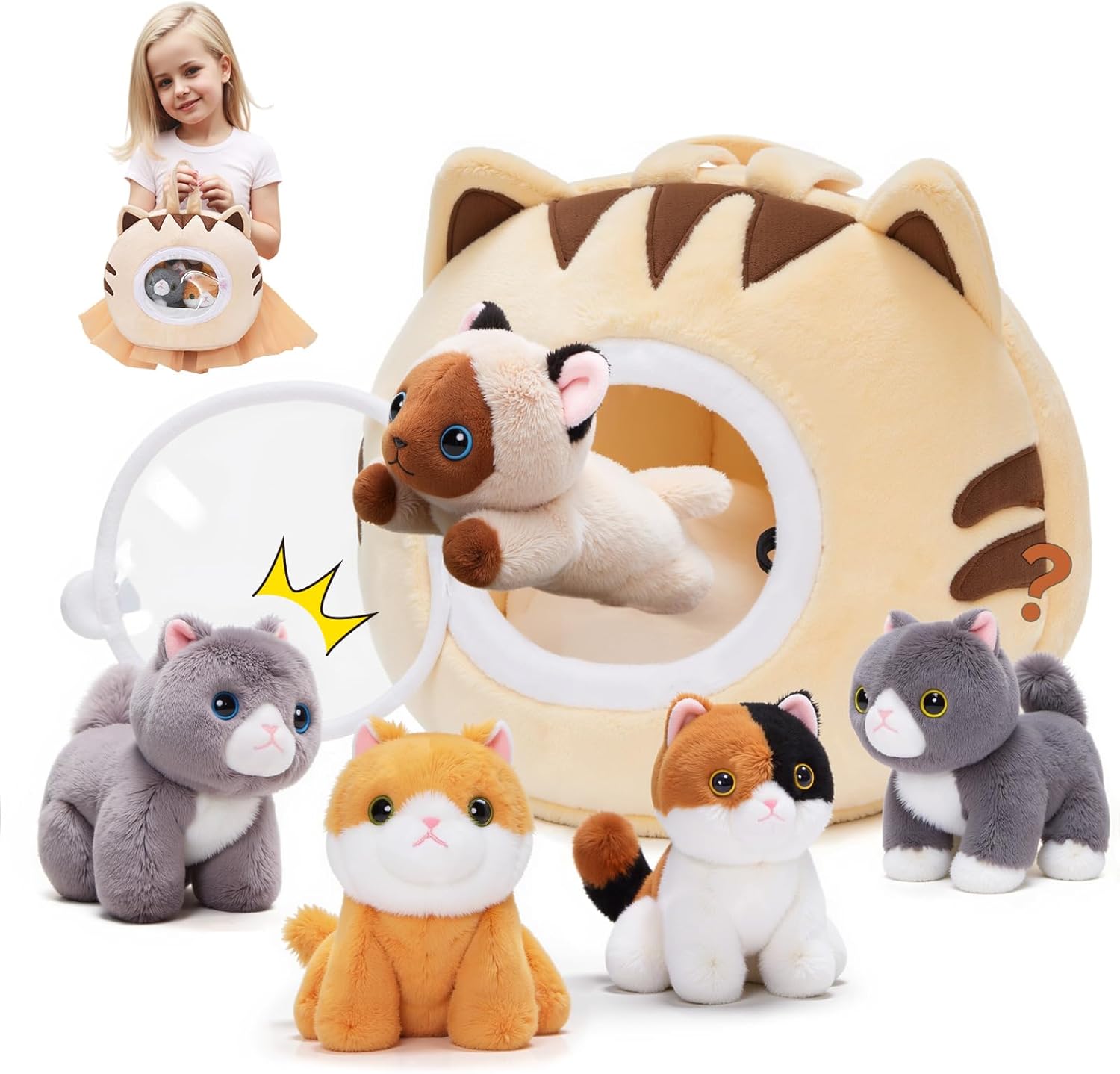OUOZZZ Cat Plush Toy Set – 5 Soft Stuffed Kittens with Cats House – Cute Cat Teddy for Kids – Perfect Birthday for Girls & Boys