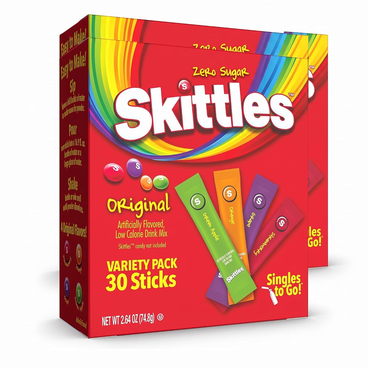 SINGLES TO GO! Skittles Variety Pack, Watertok Powdered Drink Mix, Zero Sugar, Low Calorie, Includes 4 Flavors: Green Apple, Strawberry, Grape, Orange, (30 Single Servings) (Pack of 2)