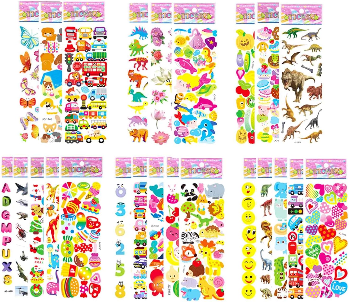 FNGEEN Puffy Stickers for Kids Toddlers, Small 3D Sticker Variety Pack, Kid Stickers 24 Sheets Bulk, Mini Party Favor Party Bag Filler Boy Girl (Dinosaur Car Animal Dog Flower Heart Number Food Truck)