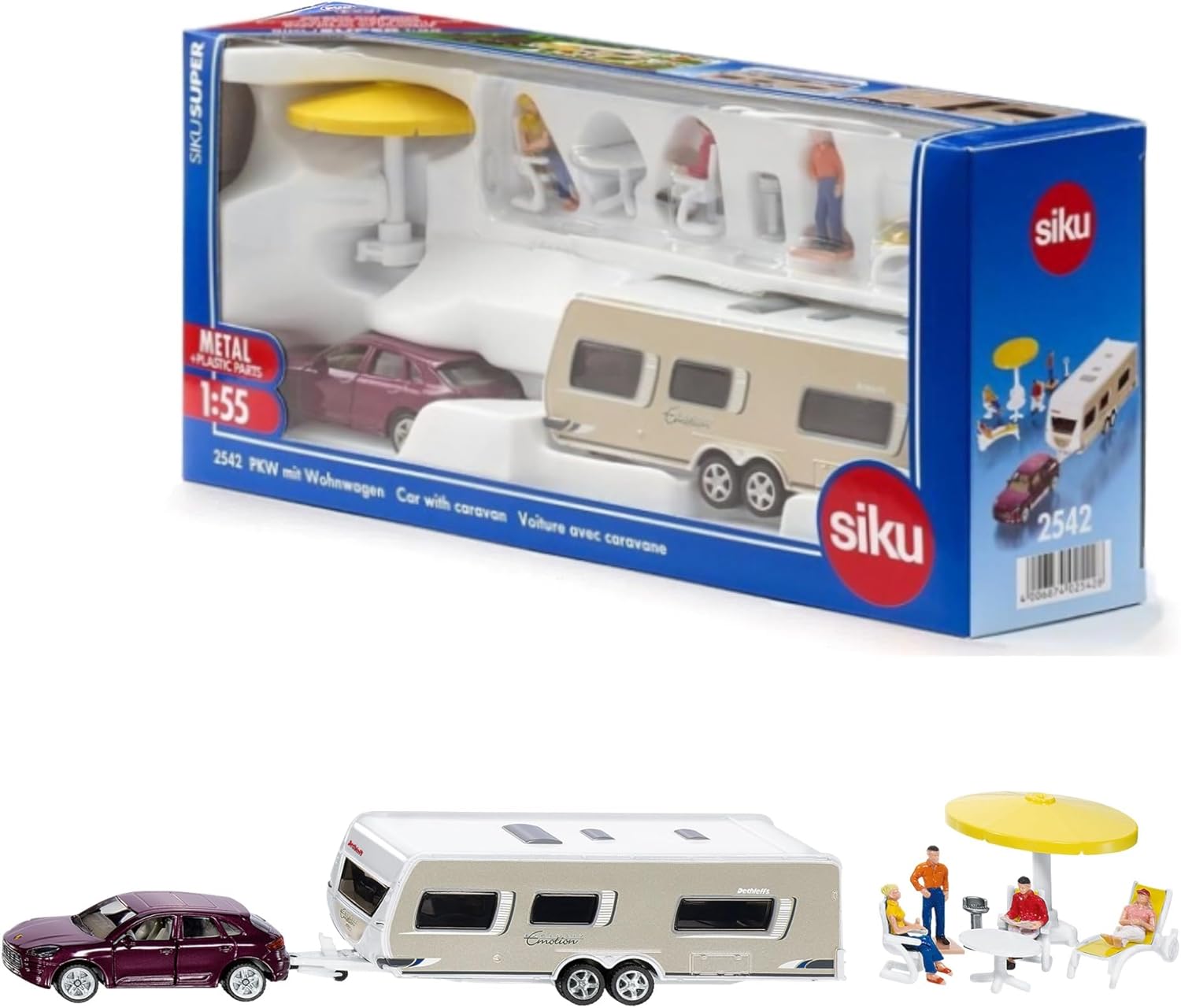 siku 2542, car with caravan, figures and camping equipment, 1 55, metal/plastic, multicoloured