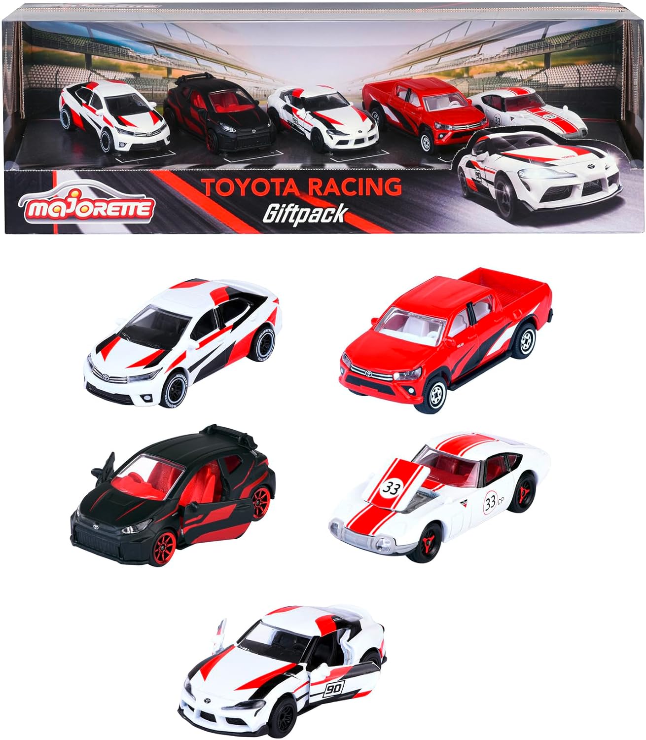 Majorette Toyota Racing Toy Cars (Gift Set of 5 Cars) - Metal Model Cars with Freewheel and Suspension, Each 7.5 cm, Car Toy for Children Age 3+