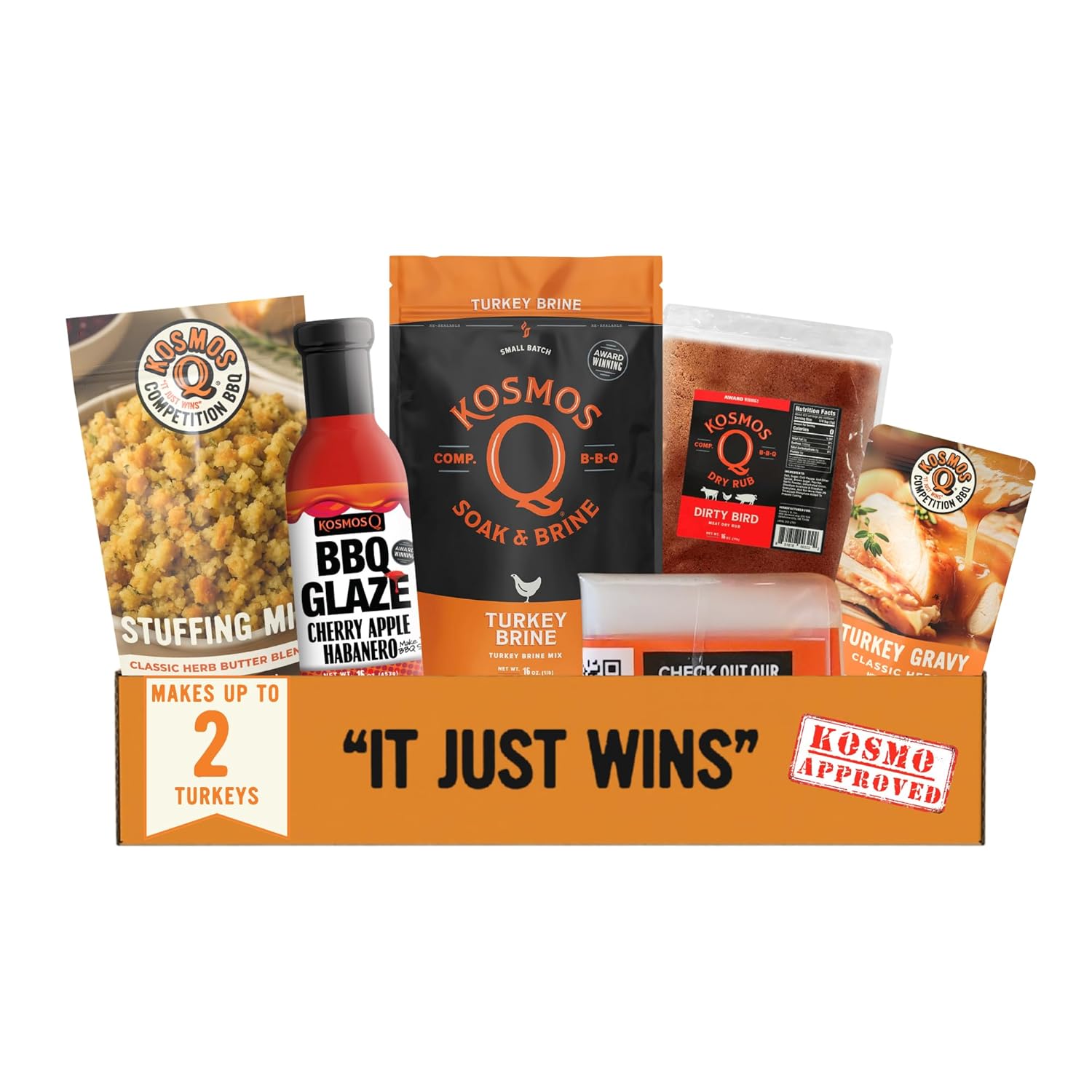 Kosmos Q Ultimate Turkey Brine Kit With Brine and Brining Bag, Dirty Bird Rub, Cherry Apple Habanero BBQ Glaze, Gravy and Stuffing Bags, & Recipe Card, Full Set for Cooking or Smoking Holiday Meals