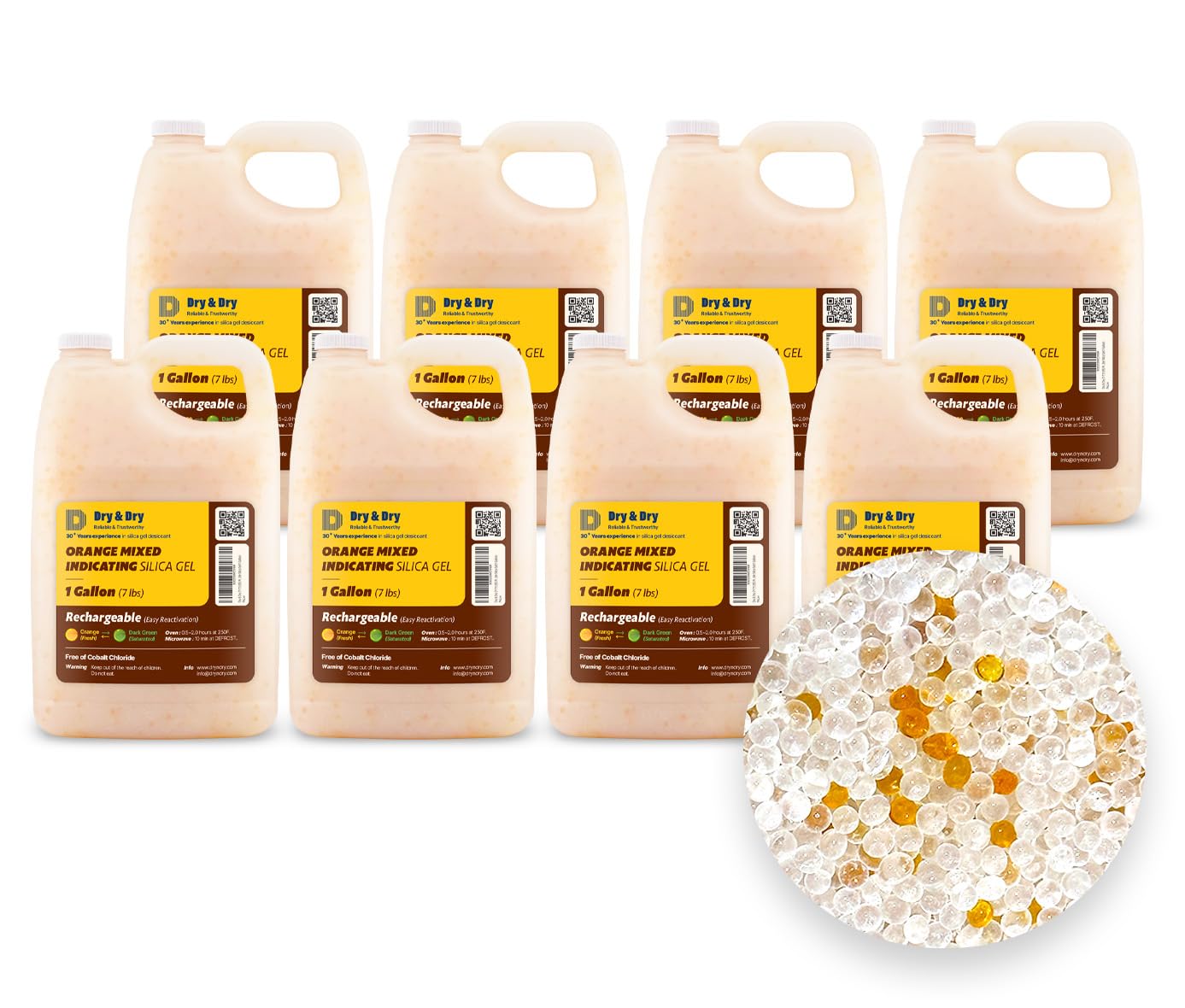 "Dry & Dry" [56-60 LBS] Premium Orange & White Mixed Indicating Silica Gel Desiccant Beads(Industry Standard 2-4 mm) - Rechargeable Silica Gel(8 Gallon)