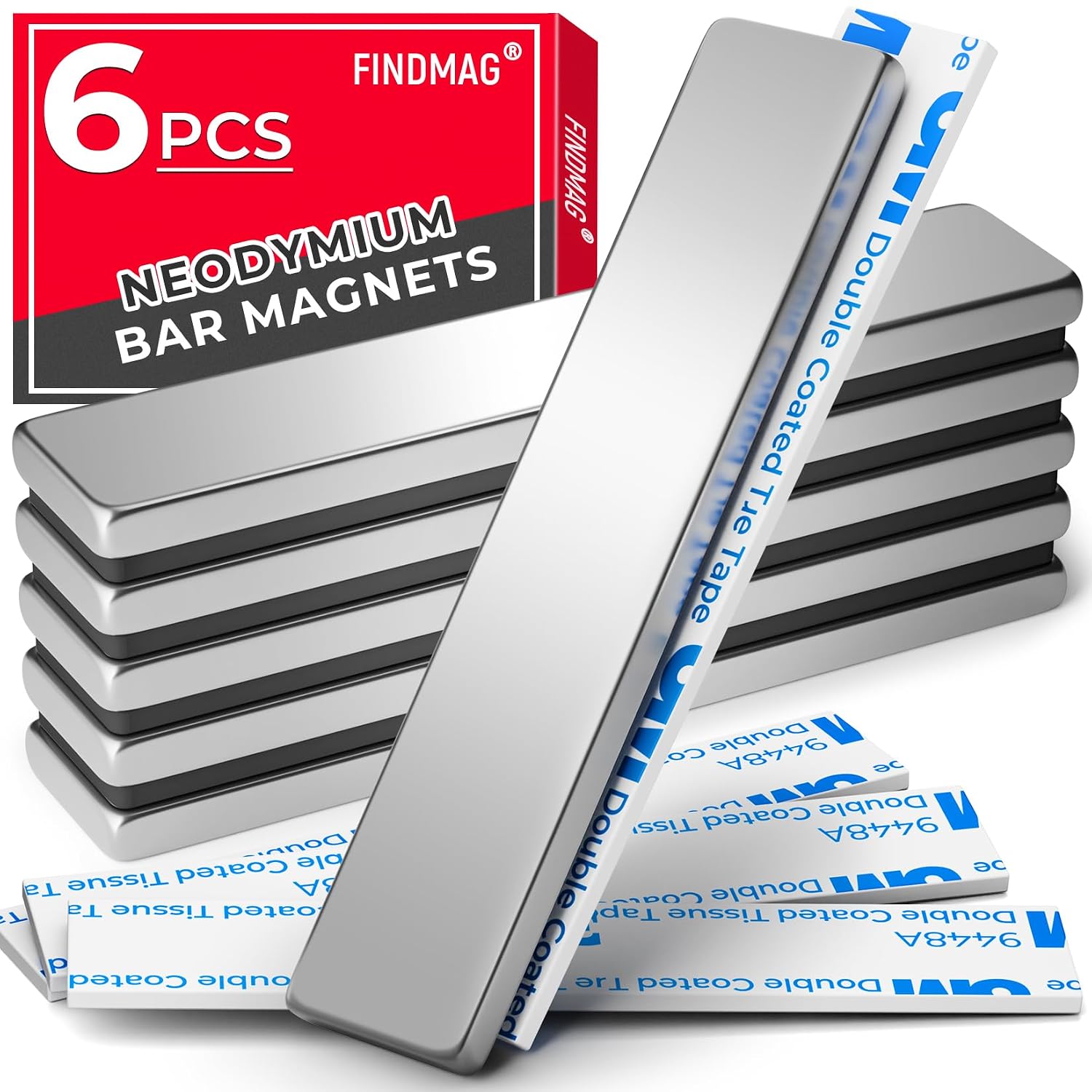 FINDMAG Neodymium Magnet, 6 Pack Bar Magnets Strong Heavy Duty Magnets with Adhesive Backing, Magnetic Strip Rare Earth Magnet for Crafts, Refrigerator, Door, Science- 60 x 10 x 3 mm, Silver