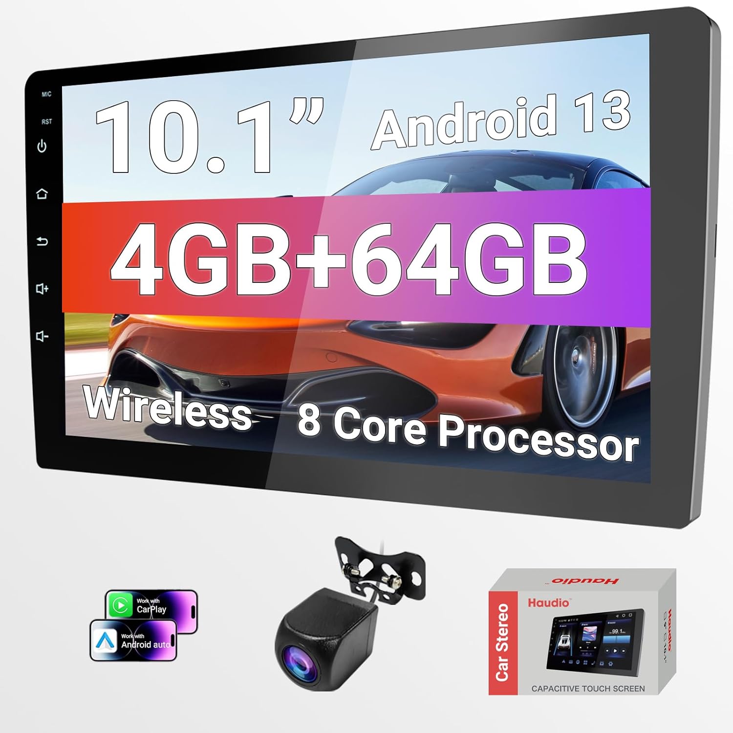 10.1 Inch HD Carplay Screen for Car with 720P Touchscreen, Double Din Car Stereo, 8-Core Processor, Backup Camera, 64GB Storage,GPS Navigation, USB Ports, Quick Reverse