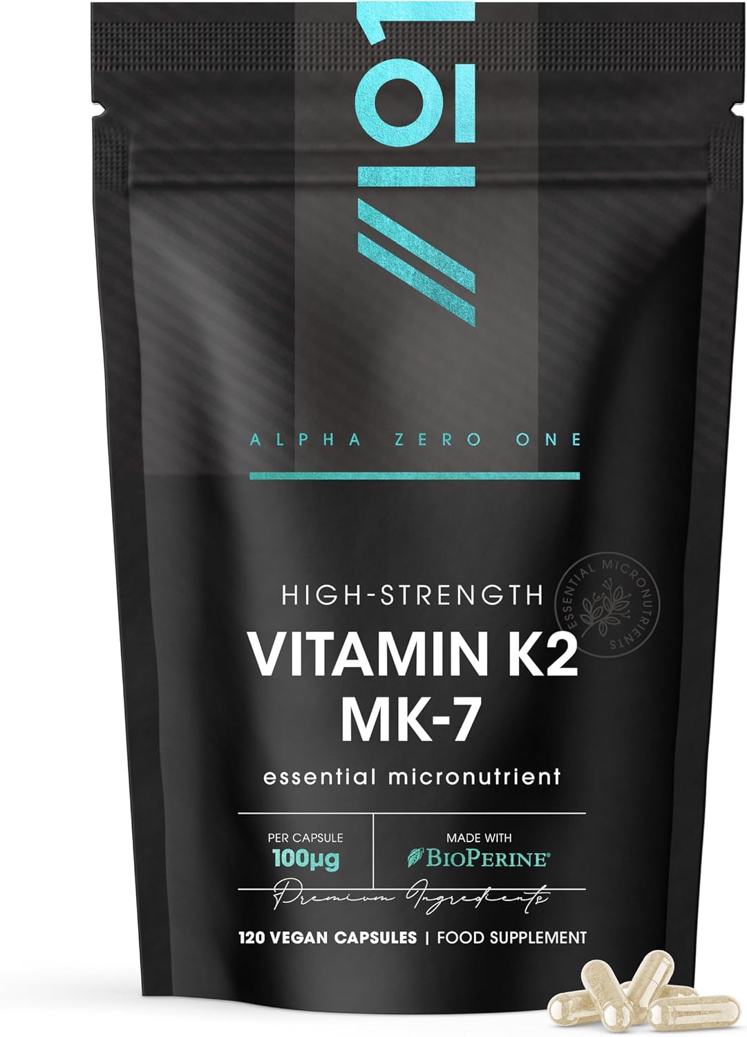 Vitamin K2 MK-7 100mcg – 120 Vegan Capsules – Fermented Natto Based Vitamin K – Resealable and Recyclable Pouch by Alpha01