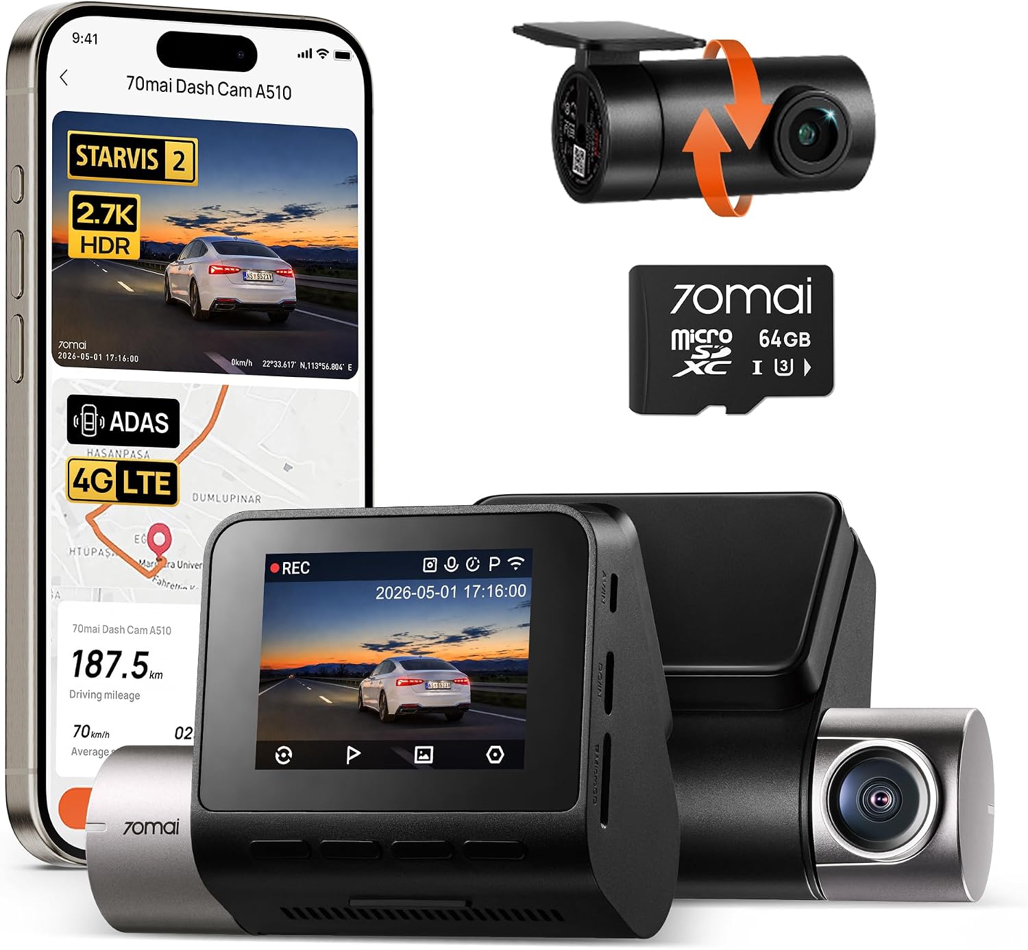 70mai Dash Cam Front and Rear A510,1944P+1080P with STARVIS 2 IMX675 and 64GB Card, Dash Camera for Cars, 4G LTE Support, ADAS, Built-in GPS WiFi, APP Control, HDR, 24H Parking Mode, Loop Recording