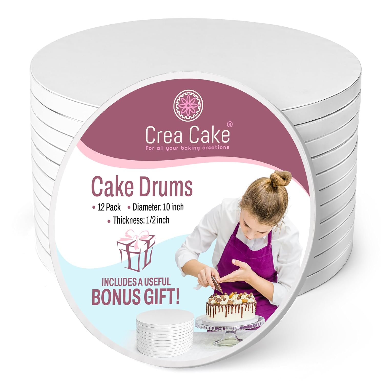 Crea Cake® 12 Pack Cake Boards 10 Inch Round - Sturdy 1/2” Thick Cake Drum, Food-Grade & Grease-Proof Cardboard Base Rounds, 10 inch Board, Drums for Multi-Layer, Tiered & Heavy Cakes, Glossy White