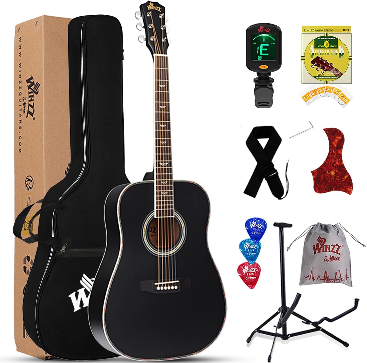 Winzz Acoustic Guitars Full Size, 4/4 Folk Guitar for Beginners Adults, Acoustic Steel-string Guitar Black (black)