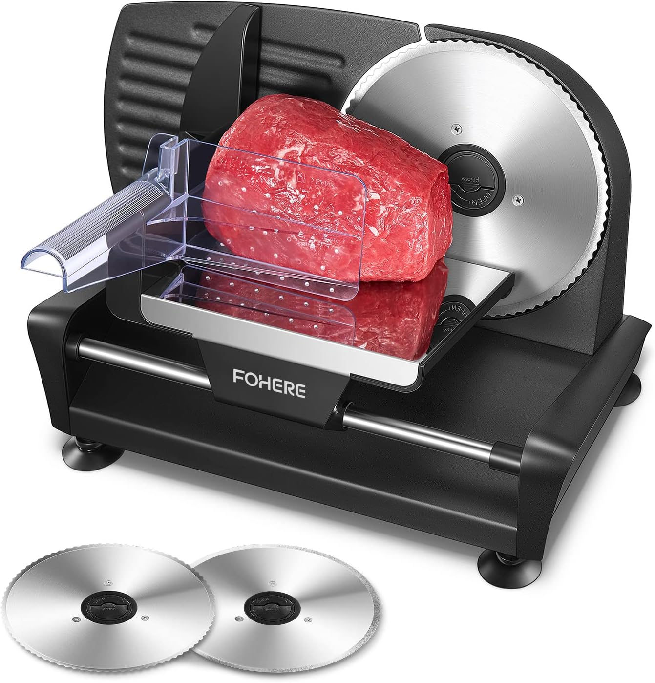 FOHERE Electric Meat Slicer Machine 200W for Home Use, with 2 Removable Stainless Steel Blade(Smooth/Serrated) and Food Pusher, Safety Switch, 0-15mm Thickness Adjustment, for Cheese, Bread
